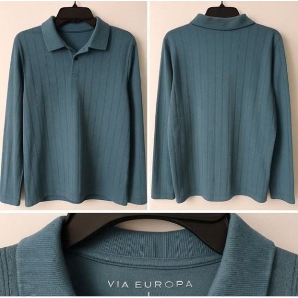 Via Europa Men Polo Large Blue Textured Cotton Blend Casual  Activewear Workwear